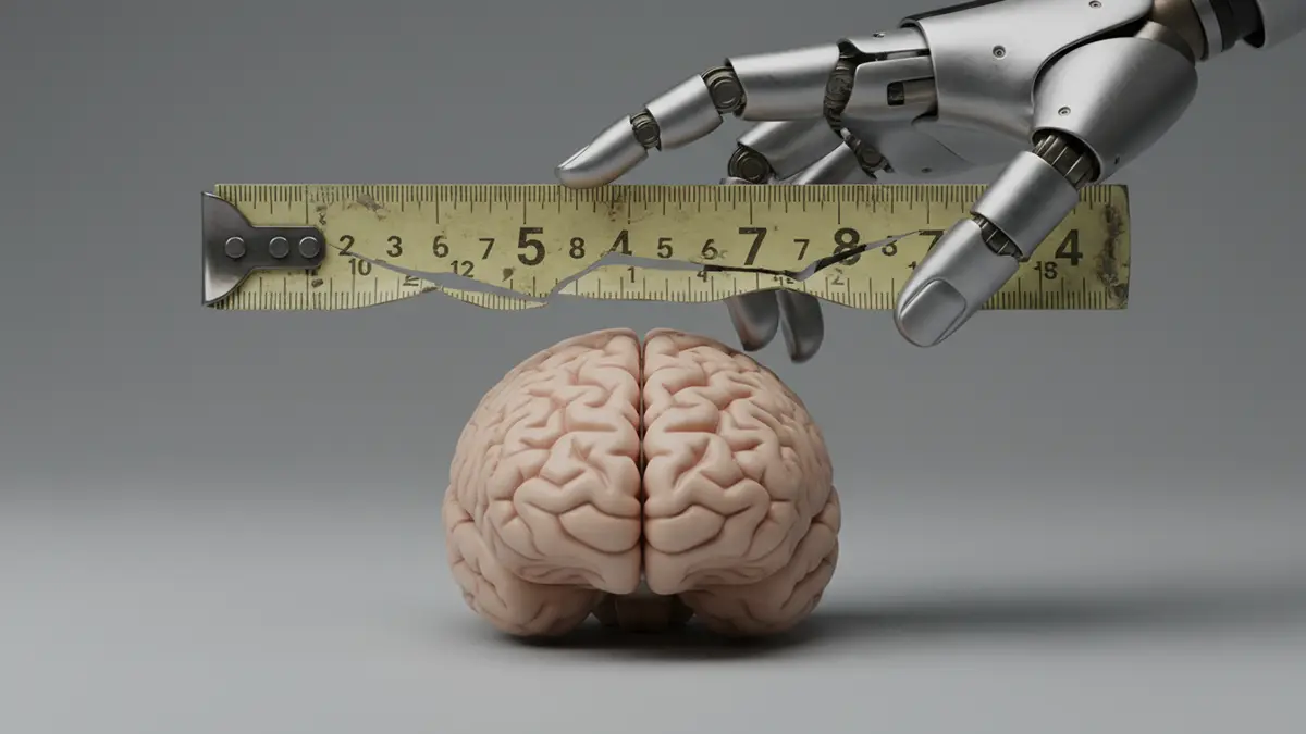 Ein Roboter misst mit einem kaputten, verzerrten Lineal